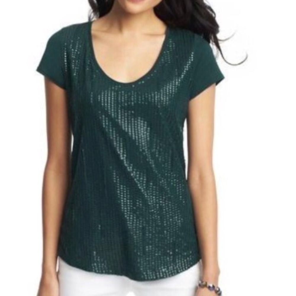 Ann Taylor Loft Forest Green Sequin Scoop-neck Tee
